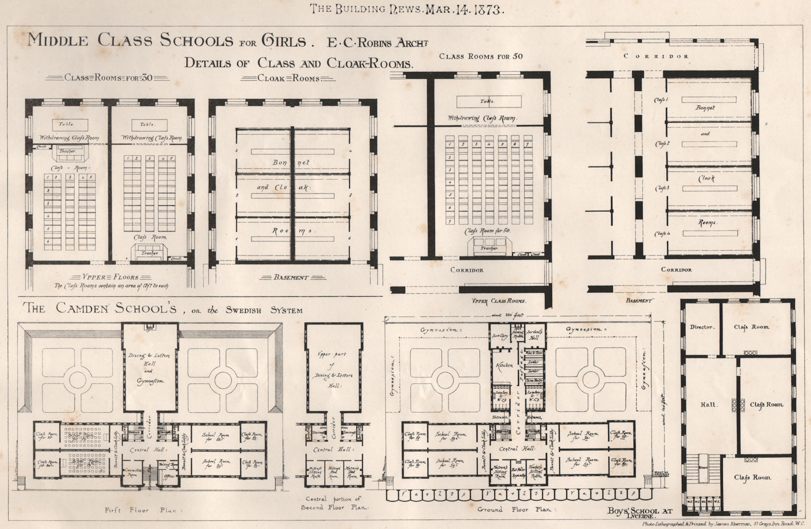 Middle Class Schools for Girls; class & cloakrooms; E.C. Robins, Architect 1873